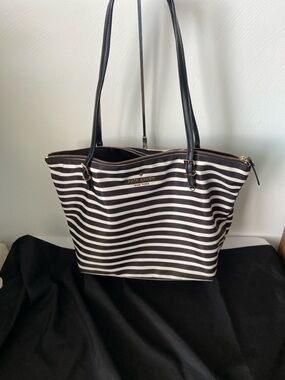 Kate Spade Black & Clotted Cream Striped Nylon Watson Lane Maya Tote Bag